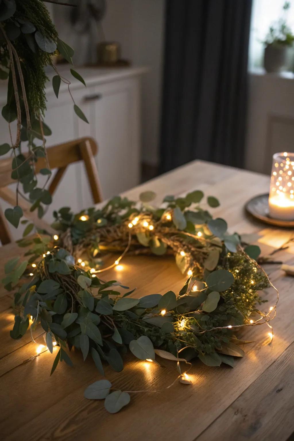 Whimsical eucalyptus wreath with fairy lights creates an enchanting ambiance.