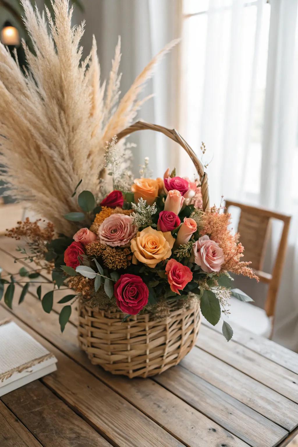 Boho elegance with a mix of fresh and dried elements.