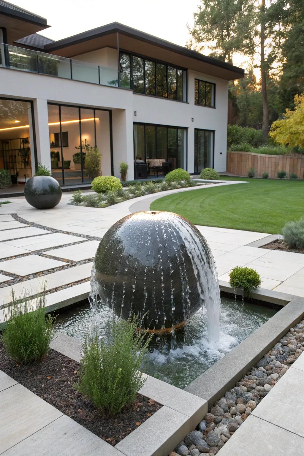 A sphere fountain creates a soothing, visual centerpiece in any garden.