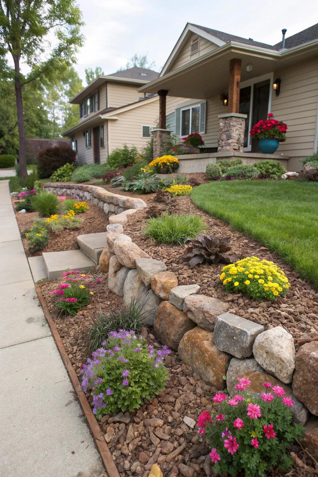Elevated plant beds bring dimension and life to the yard.
