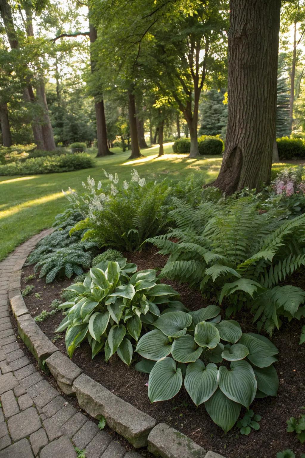 Shade-loving plants create a lush, tranquil atmosphere in this flower bed.