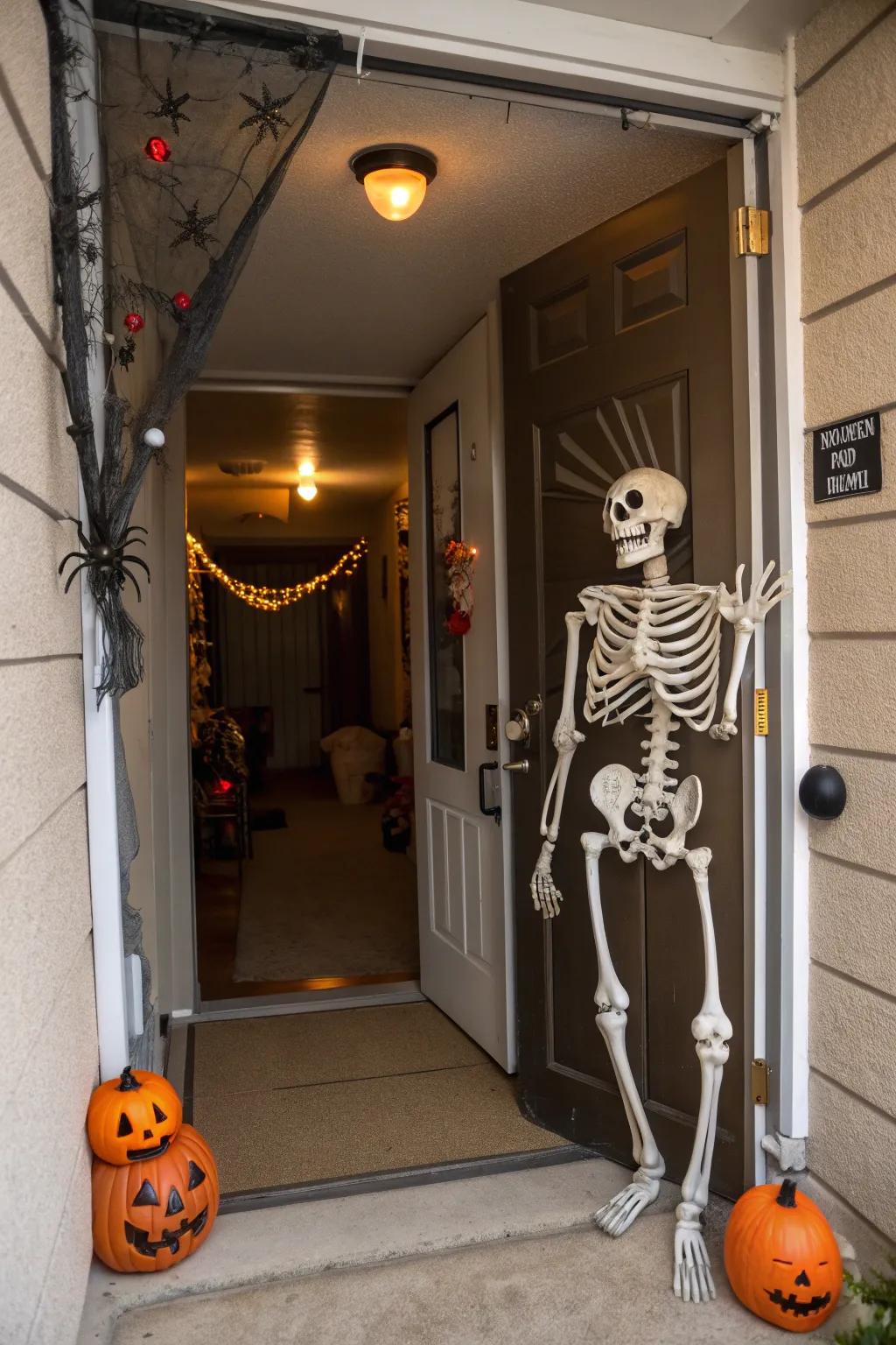 A skeleton greeter at your door adds a playful yet spooky touch.