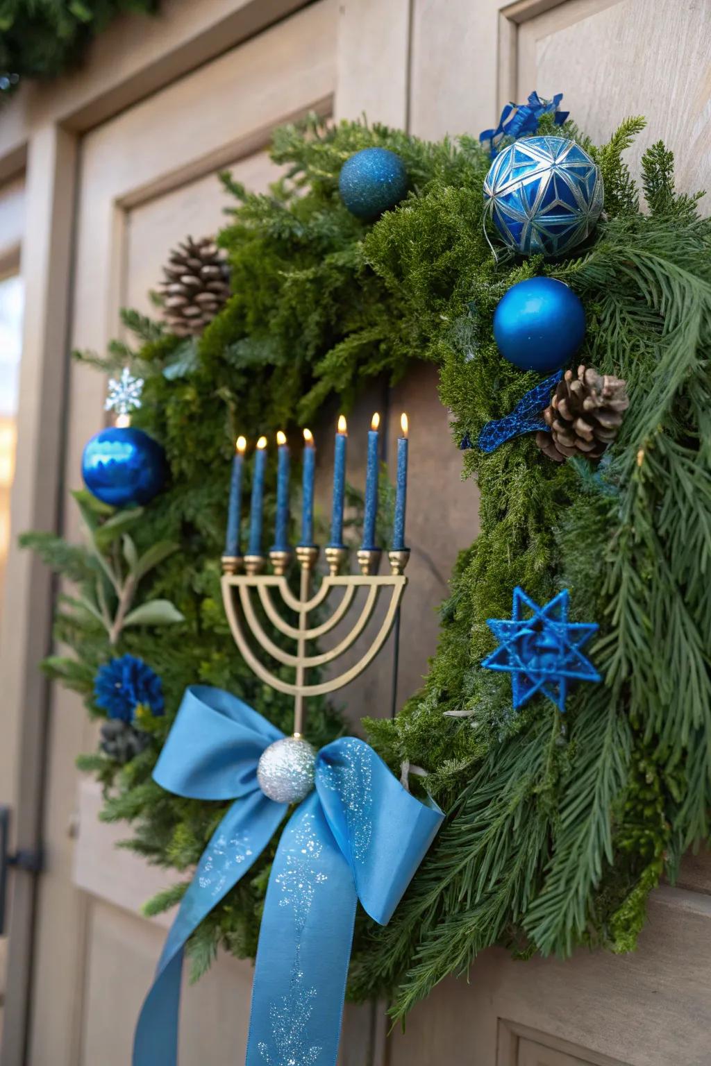 A unique wreath with a mini menorah for extra charm.
