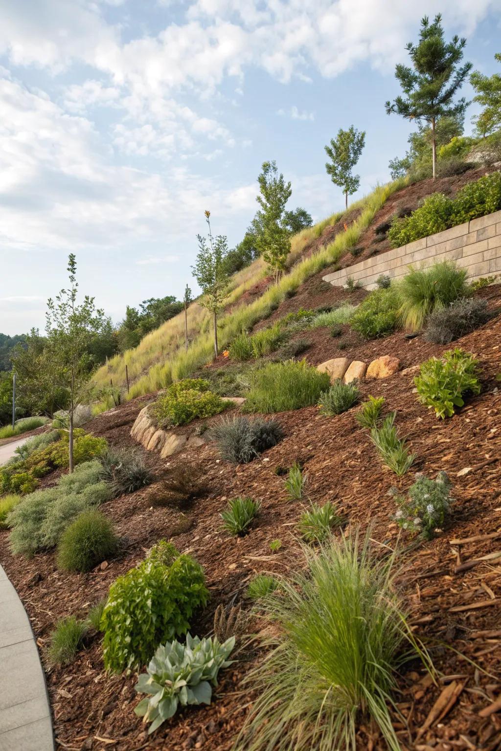 Layered planting adds depth and dimension to hillside gardens.
