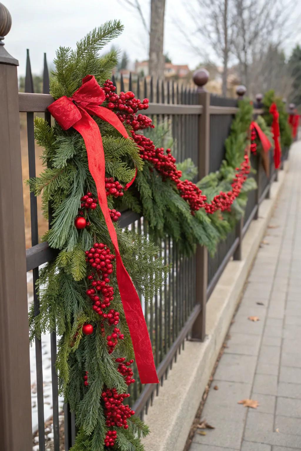A traditional red and green garland draped over a fence.