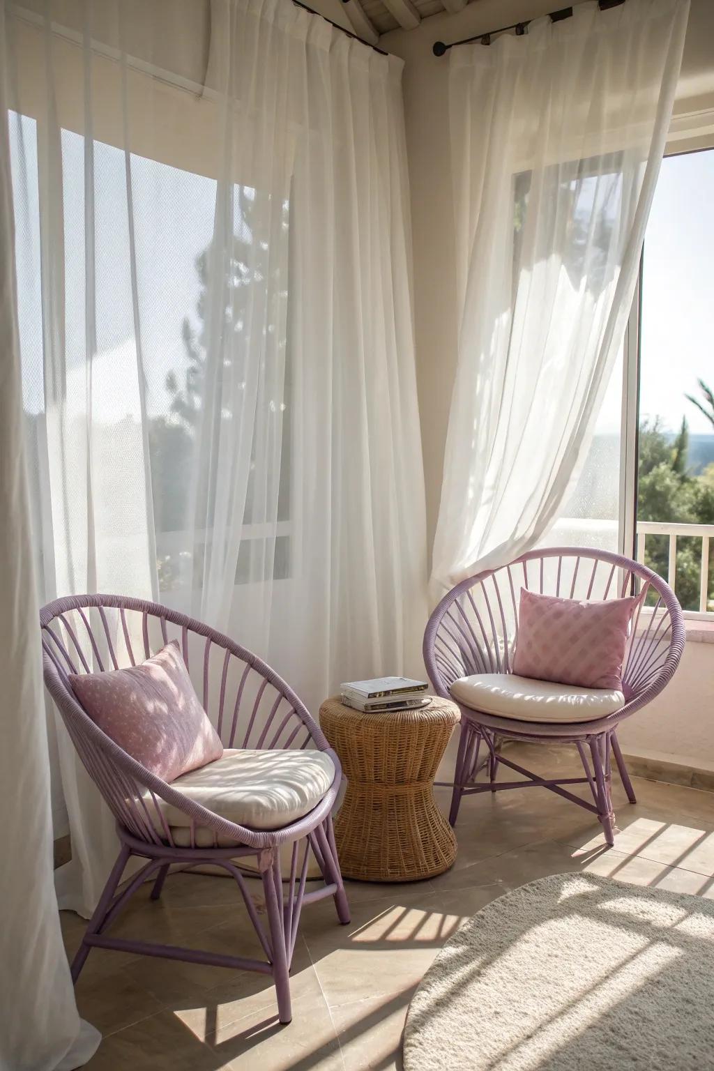 Pastel shades, like lavender, can turn rattan furniture into a calming retreat.