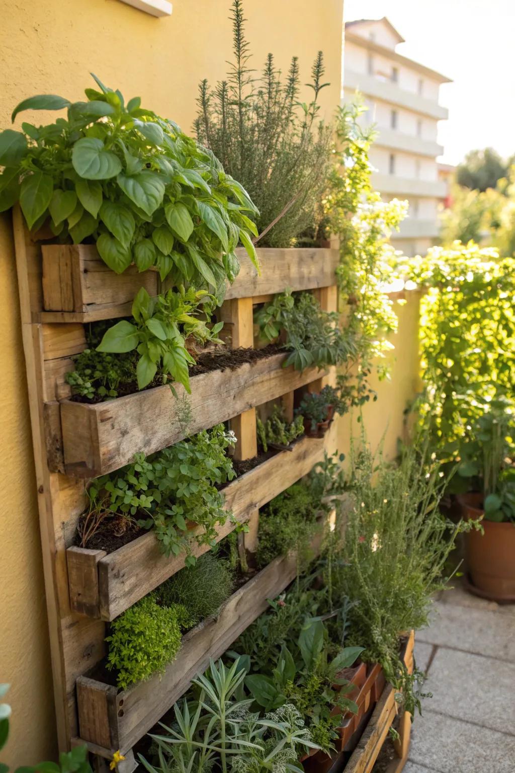 Vertical herb garden thriving in the sunlight.