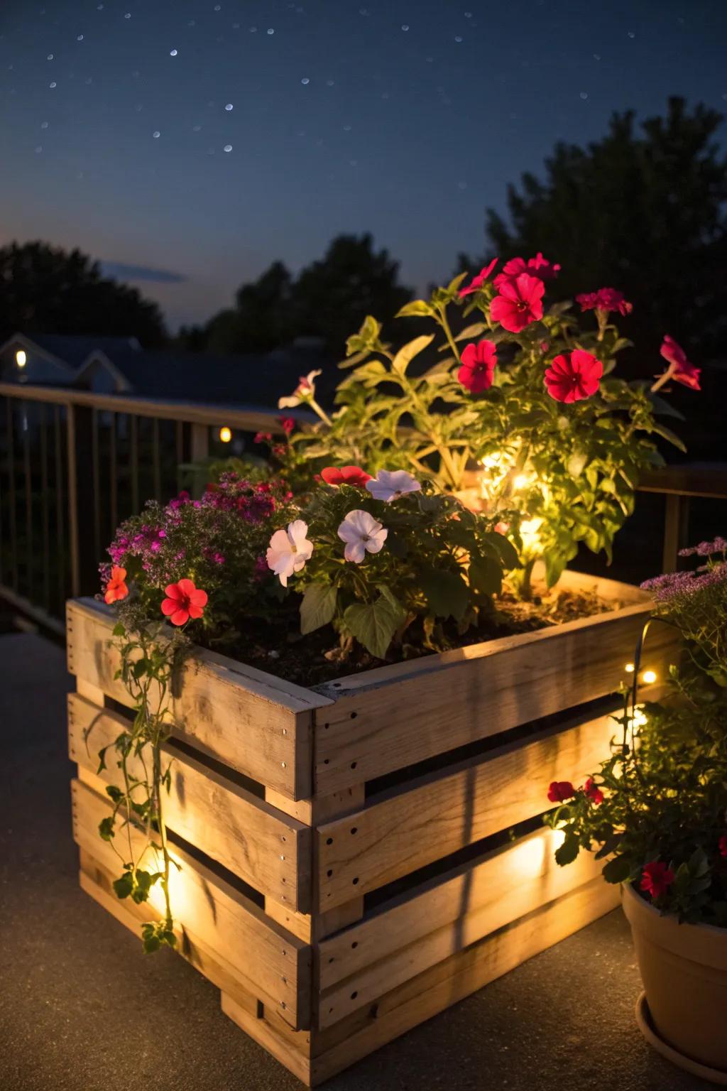 A lighted pallet planter adds a magical glow to your garden.