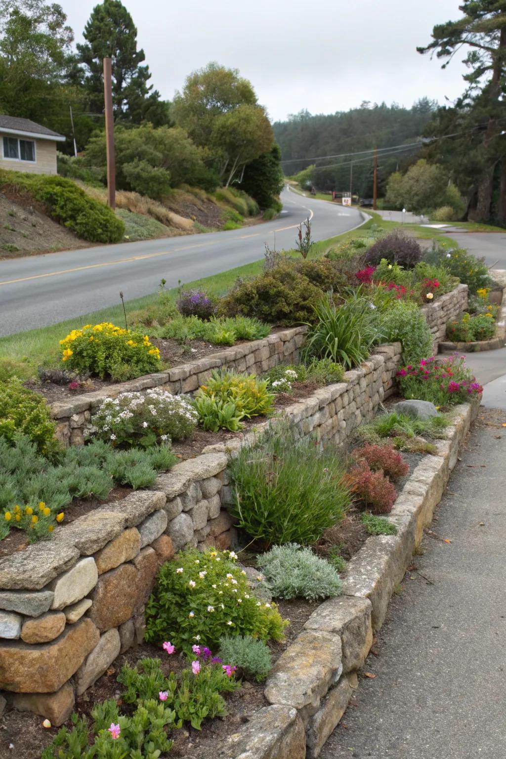 Layered beds offer depth and organization to roadside gardens.