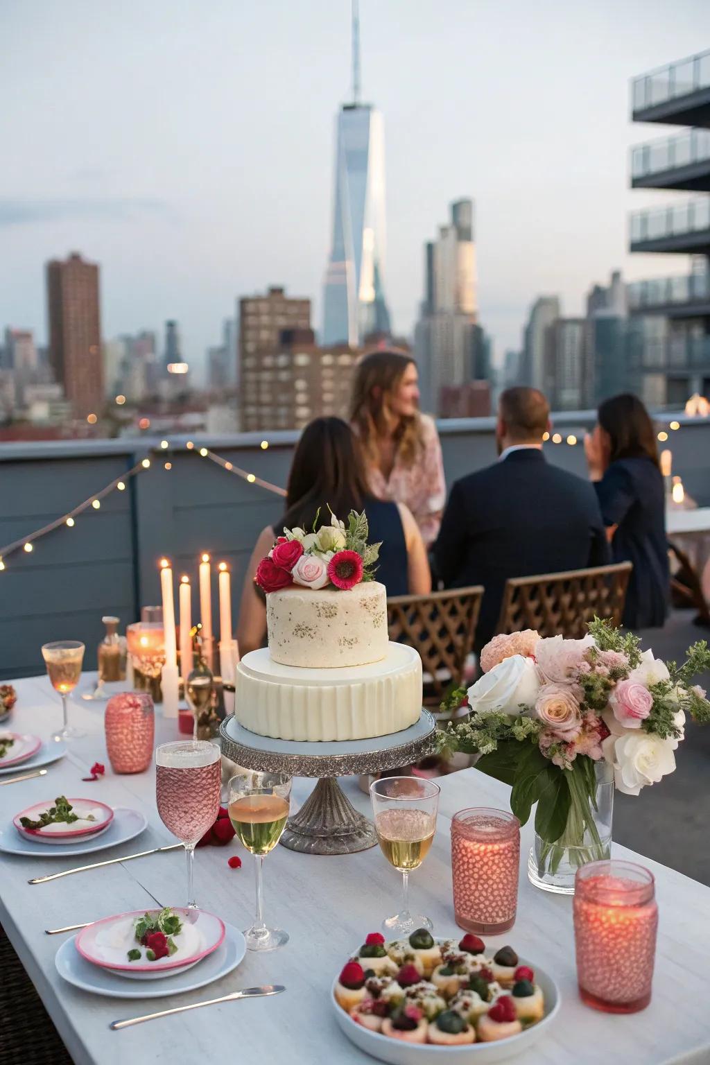 Add celebratory touches like a beautiful cake and drinks for a festive vibe.