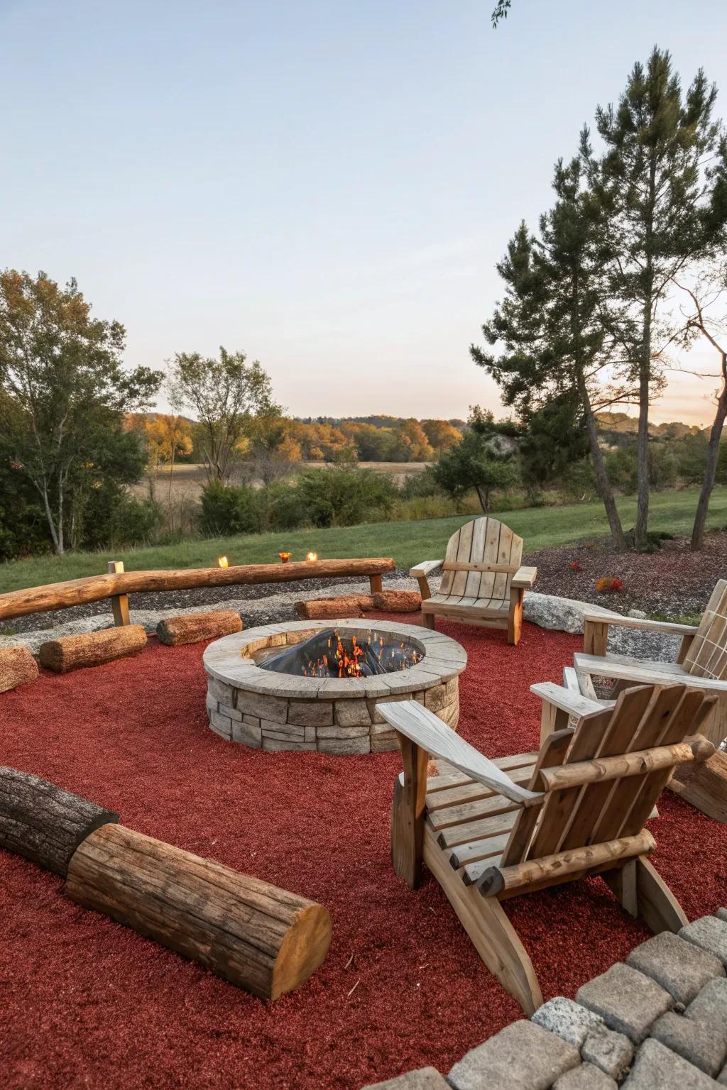 A cozy fire pit area surrounded by red rubber mulch and inviting seating.