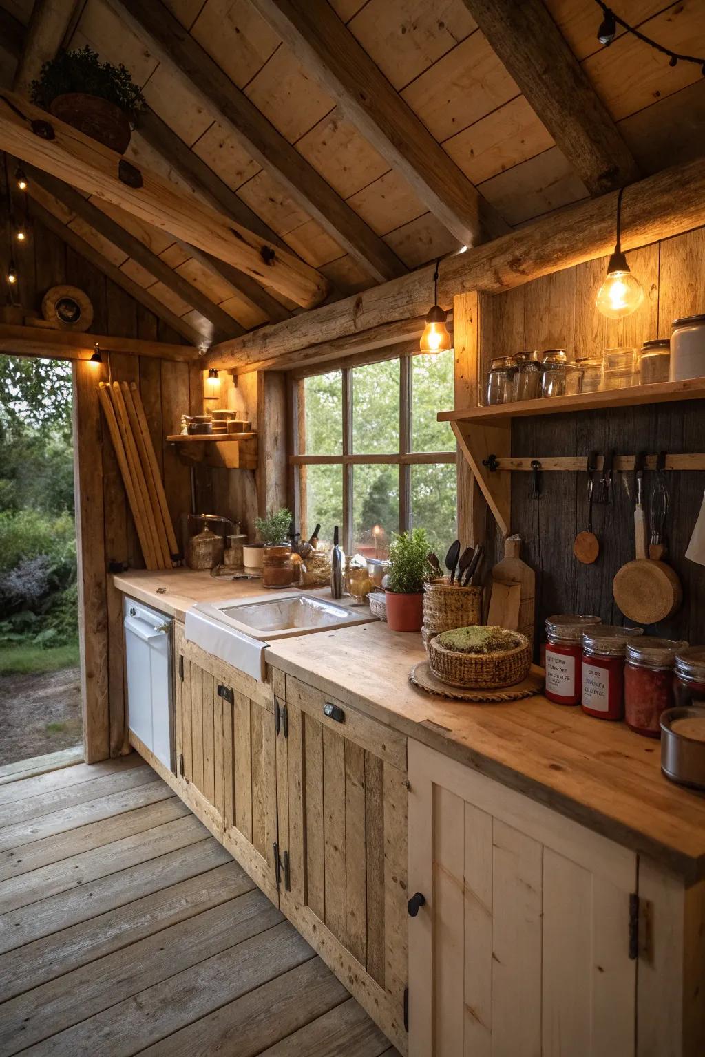 Wooden elegance adds warmth to a shed kitchen.