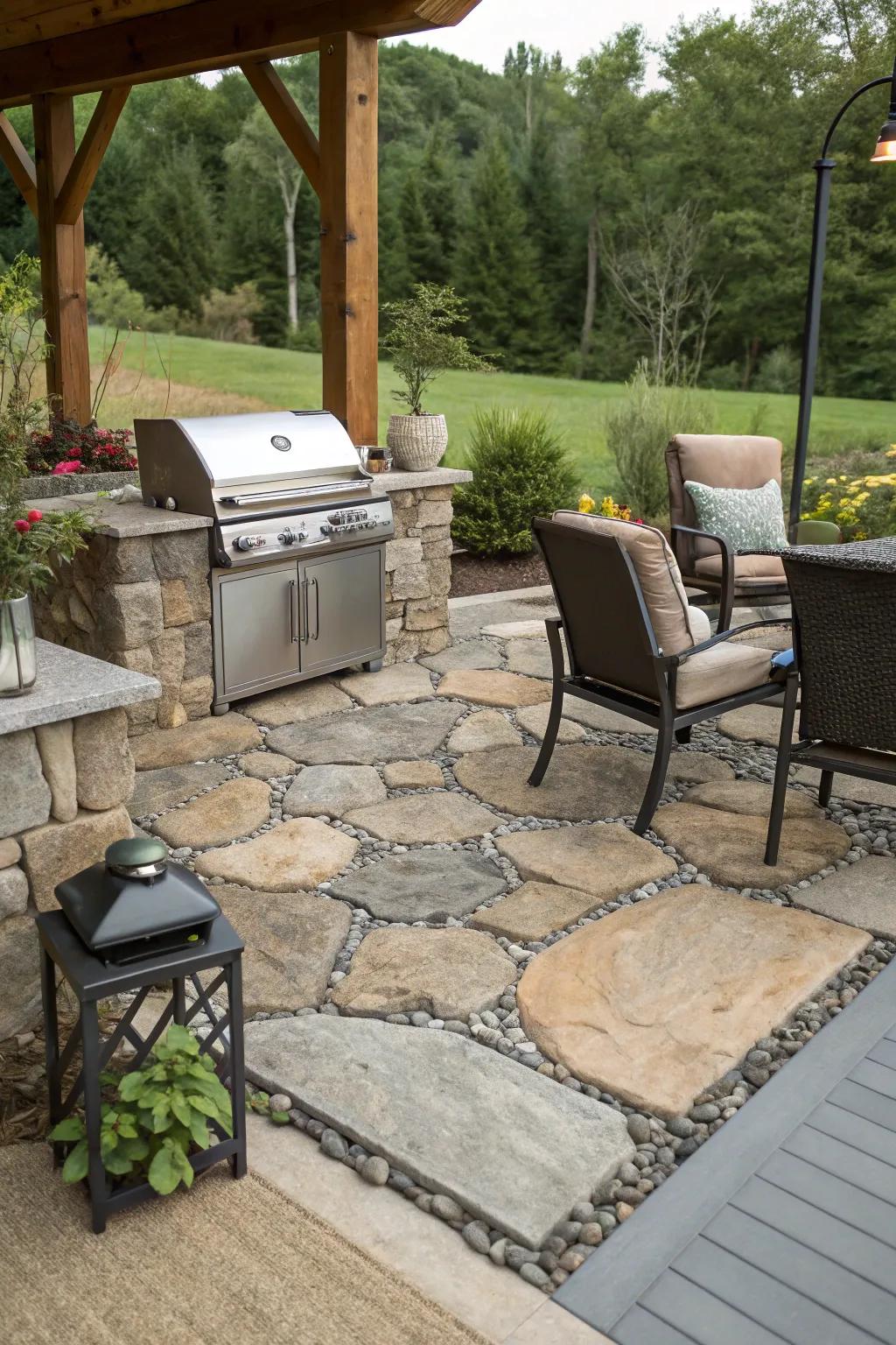 Natural stone edging provides a polished, defined appearance.