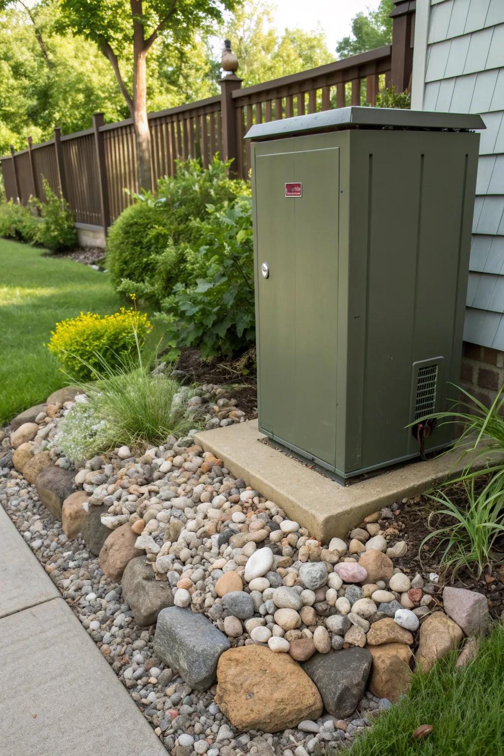 Decorative rock borders add a touch of elegance to utility boxes.