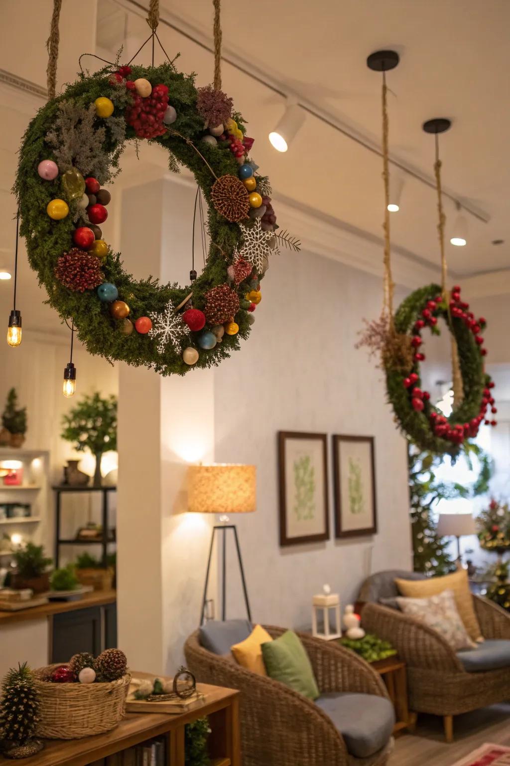 Suspended wreaths add a whimsical and innovative touch to any room.