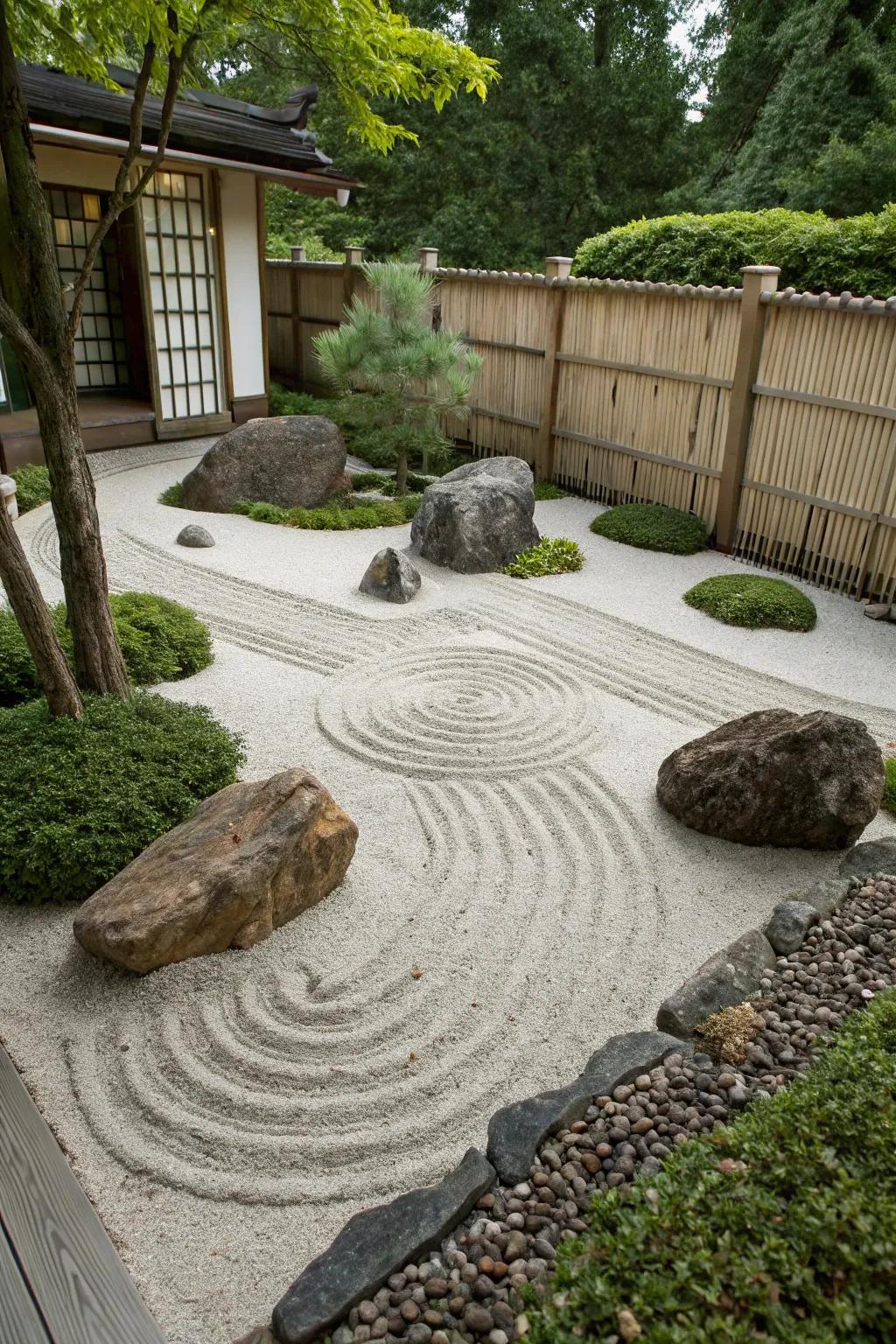 A sand garden offers a space for meditation.