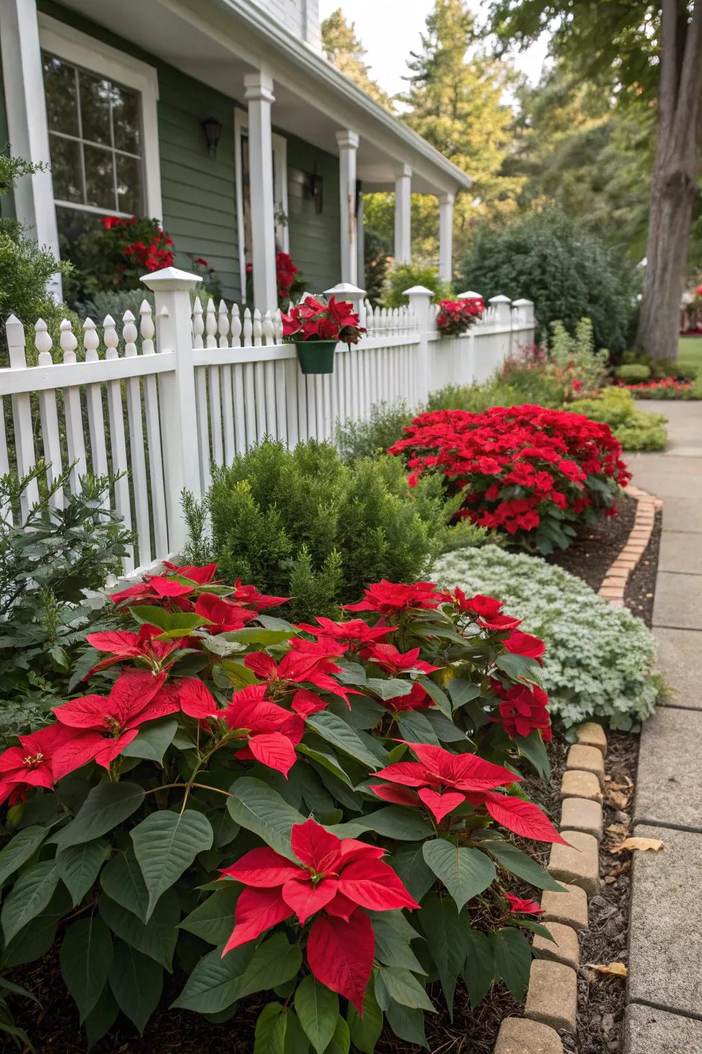 A garden bed bursting with vibrant red poinsettias.