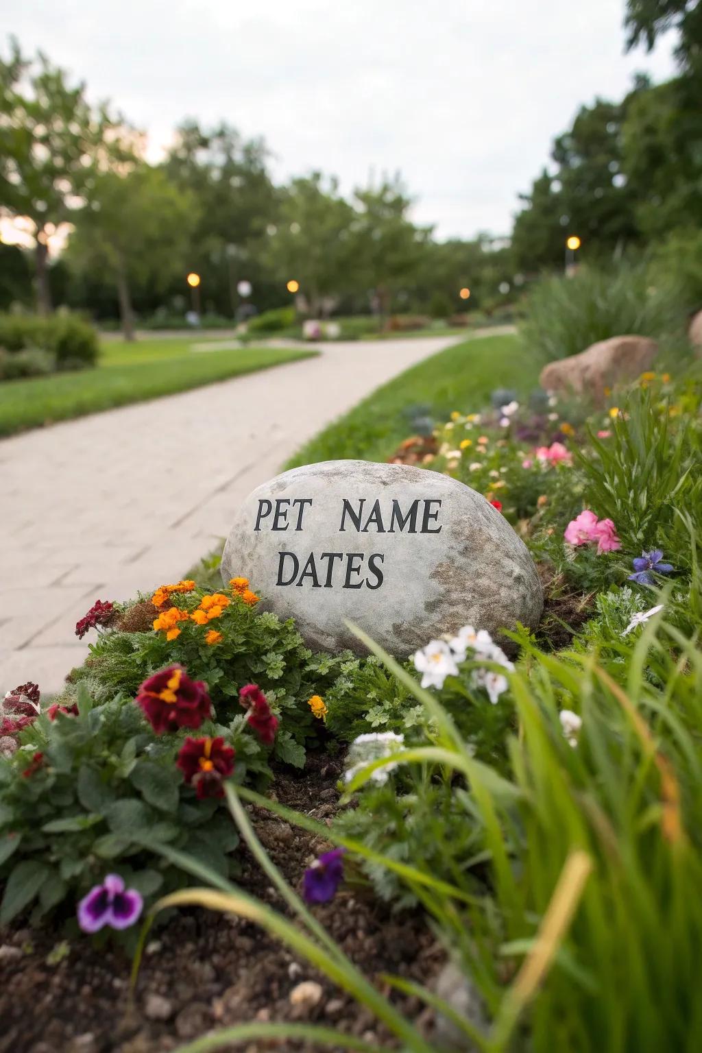 An engraved stone nestled among colorful blooms.