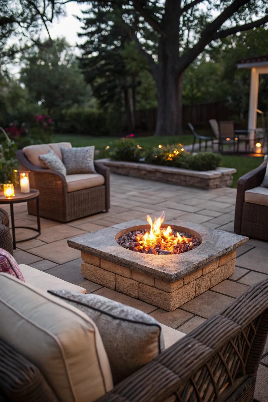 A fire pit adds warmth and a focal point for evening gatherings.
