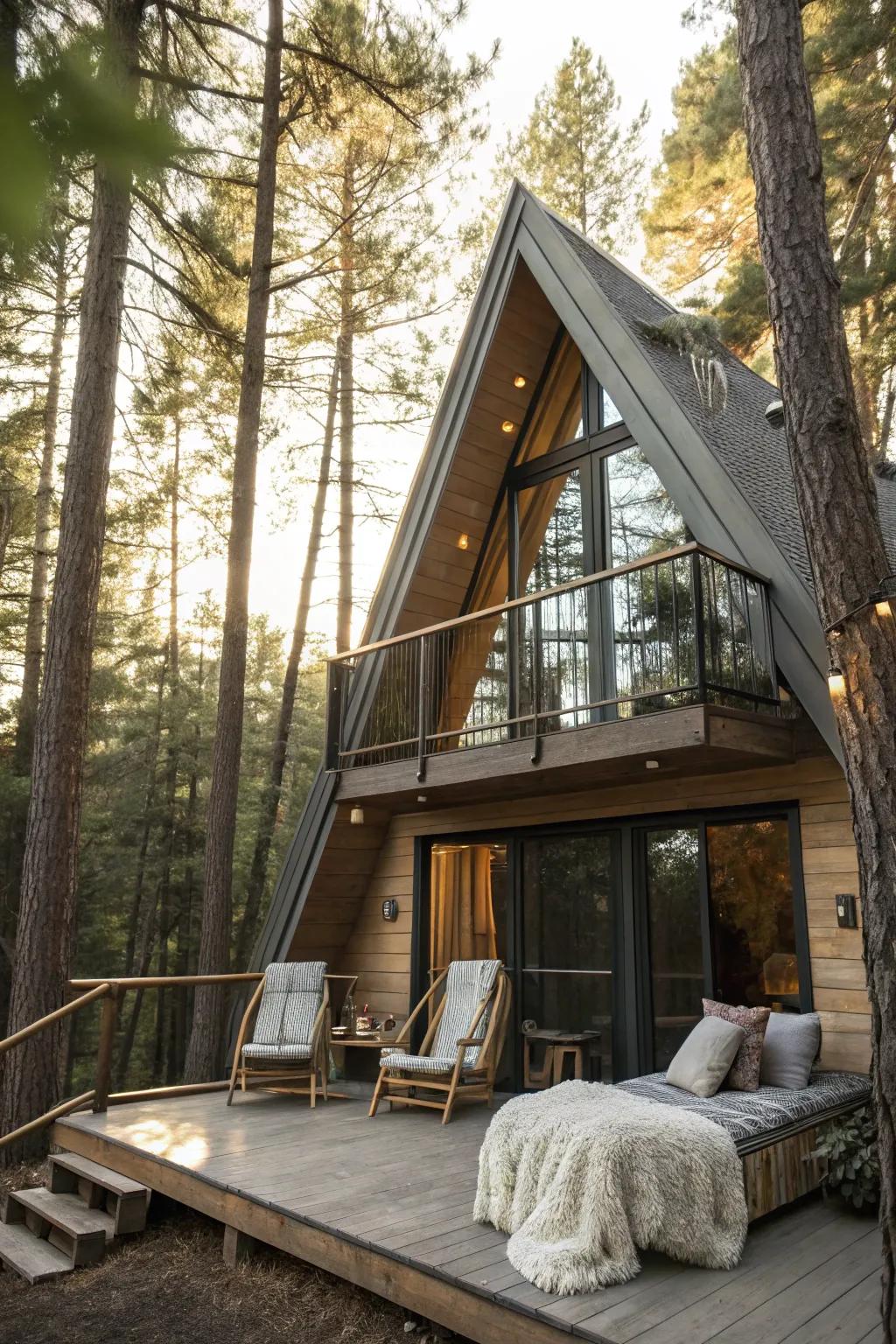 A cozy nook on an A-frame balcony, perfect for relaxation.