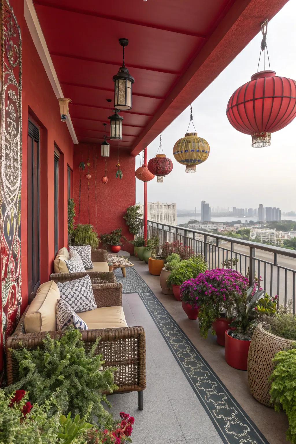 A lively balcony with vibrant red accents and dynamic decor.