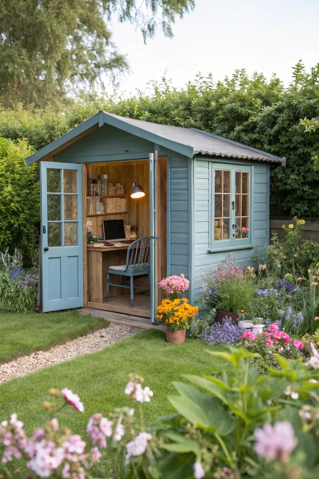 A blue shed can be a serene office space in your garden.
