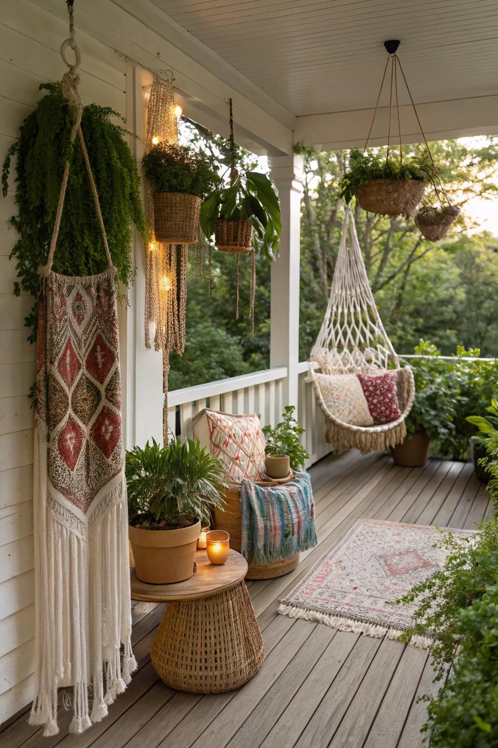 Intricate macramé pieces adding texture and charm to a Boho porch.