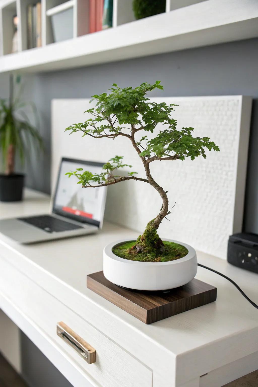 A mesmerizing floating bonsai tree on display