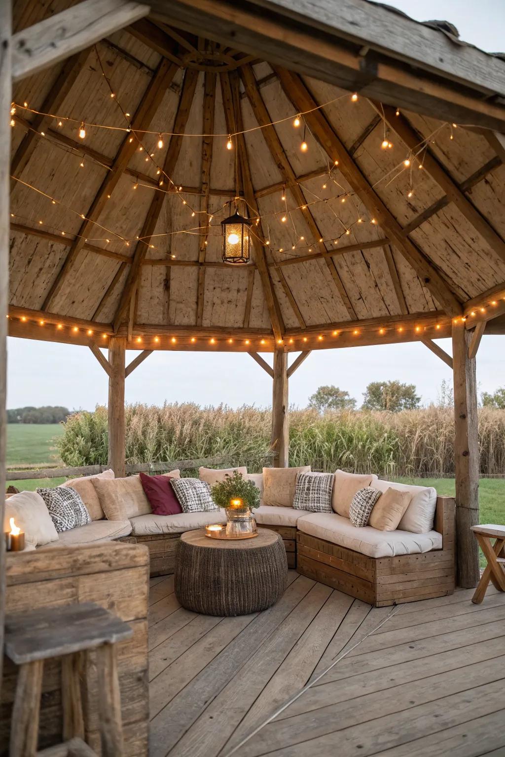 Rustic seating area invites relaxation inside the corn crib gazebo.
