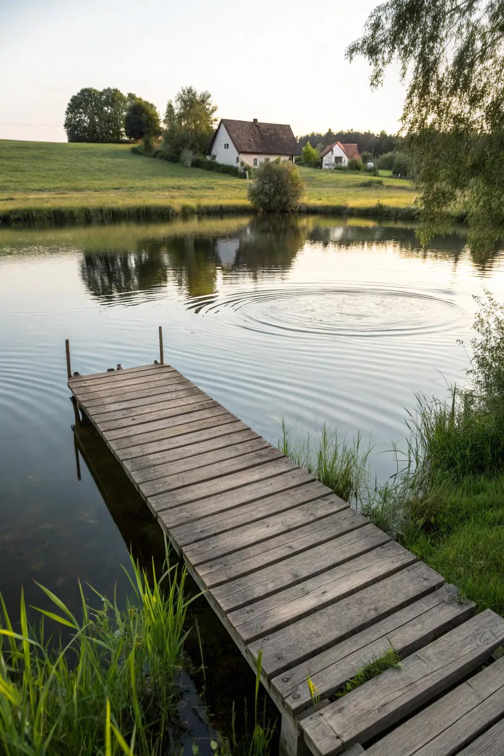 A small dock enhances the pond's accessibility and charm.