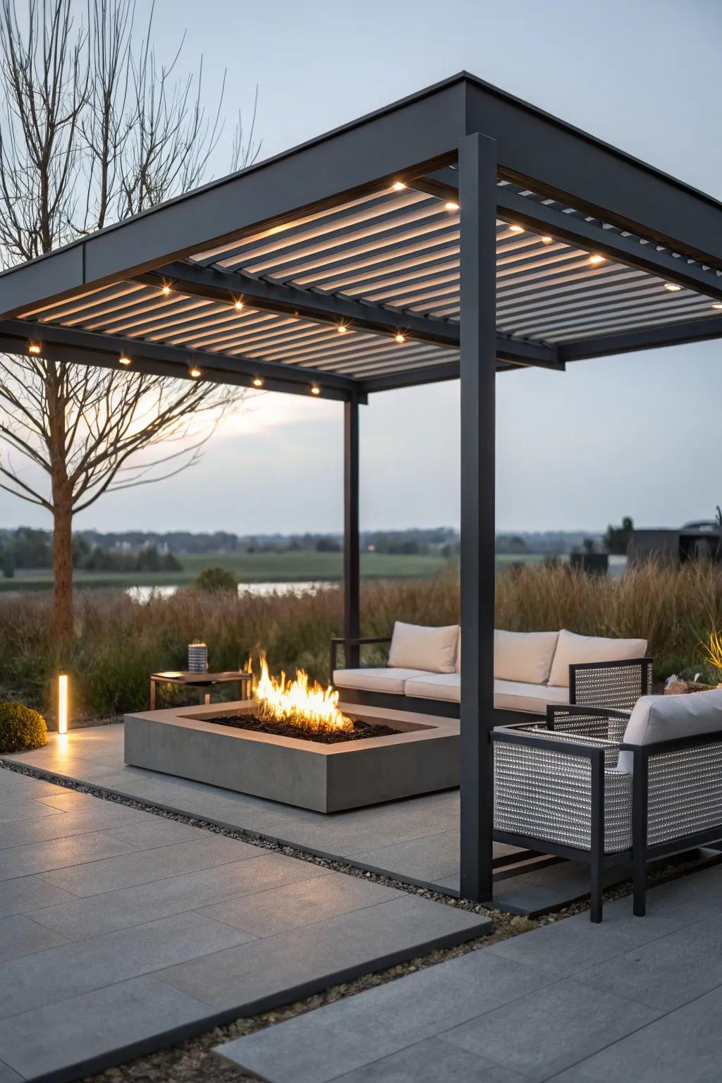 Modern elegance with a sleek metal pergola and gas fire pit.