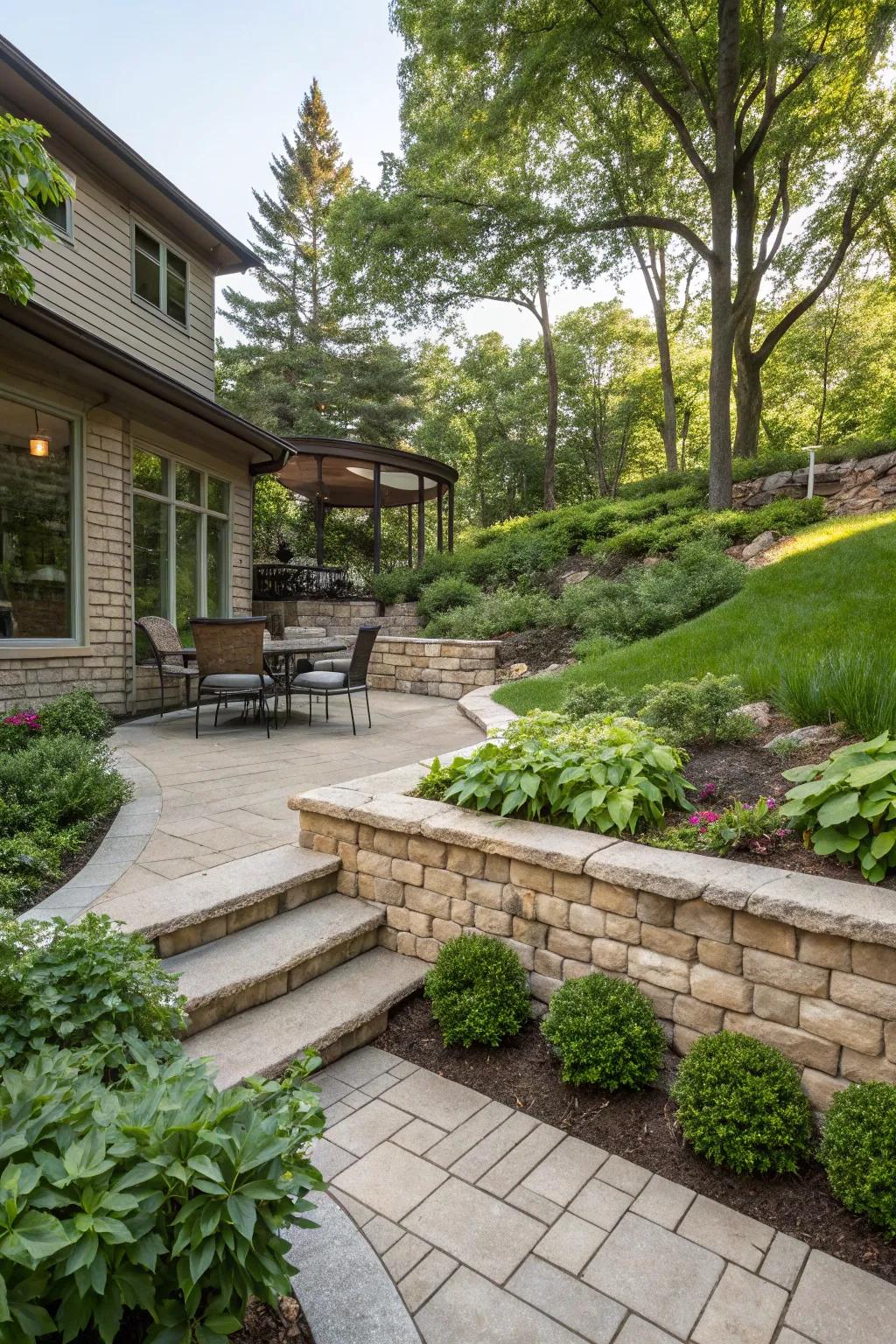 A Milwaukee garden featuring hardscaping elements such as a patio and retaining wall.
