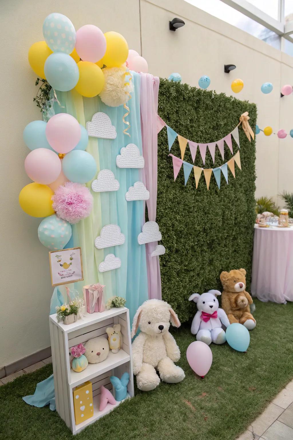 A charming baby shower scene with a grass wall.