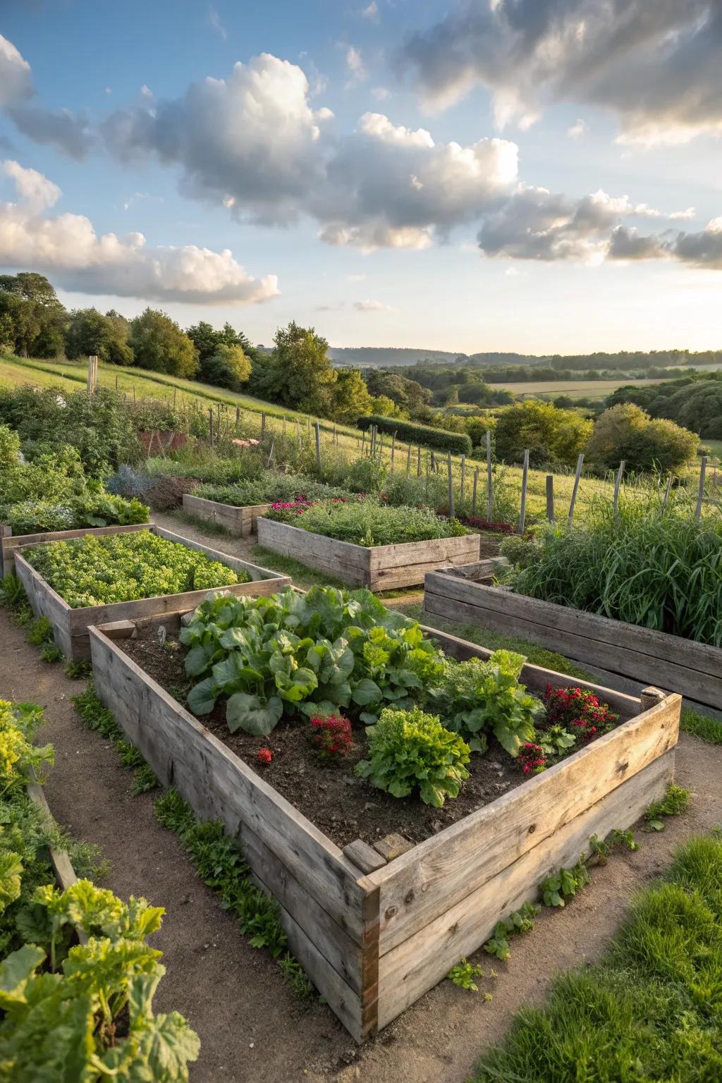 Charming raised beds made from reclaimed wood, adding rustic appeal.