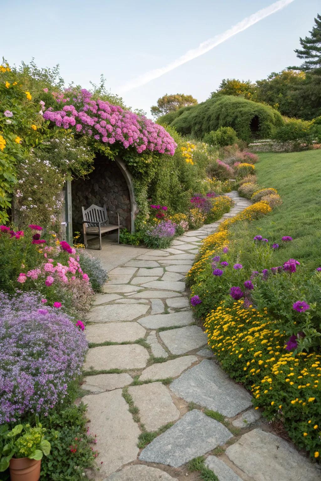 Stone pathways guide guests through a garden, revealing hidden beauties.