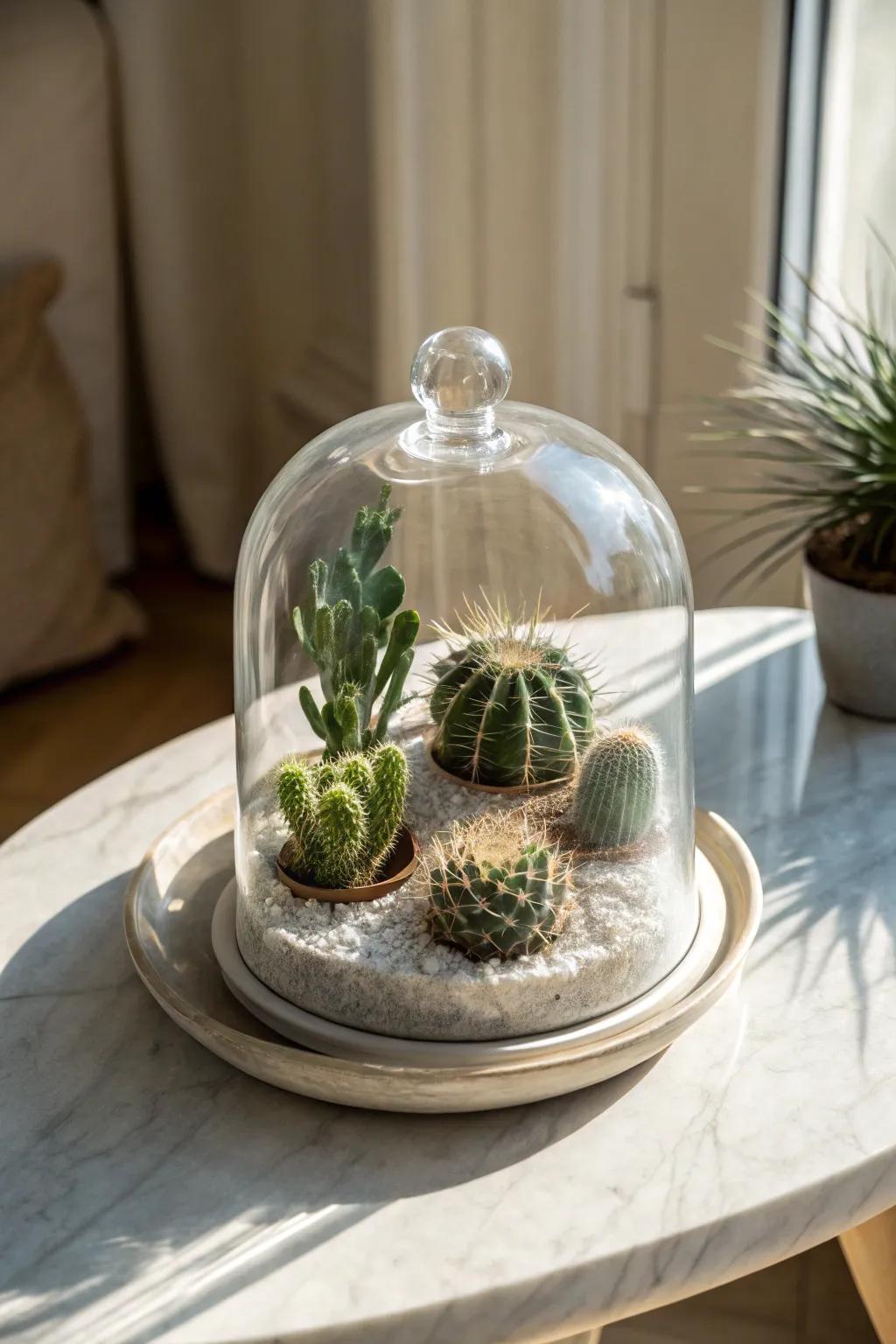 An elegant glass cloche housing mini cacti.