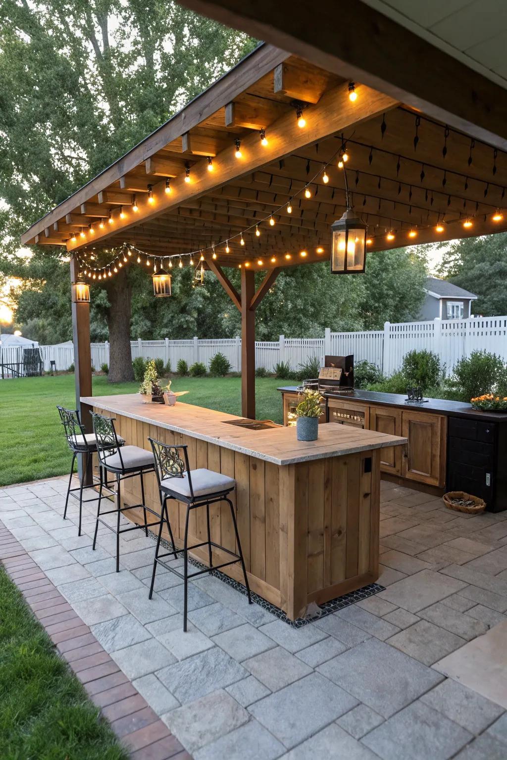 A backyard bar creates a fun and inviting space for entertaining guests.