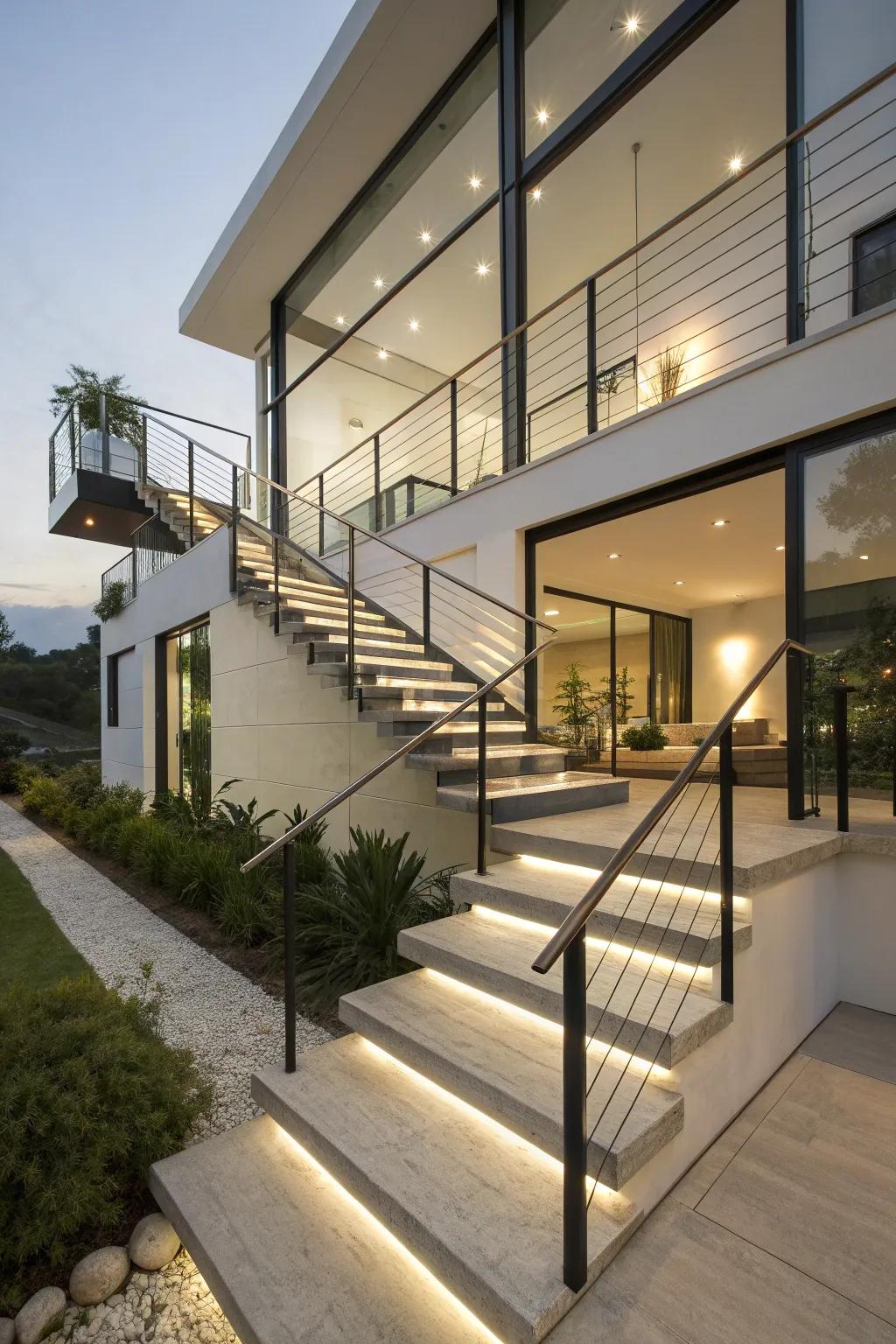 Floating railings add a futuristic flair.