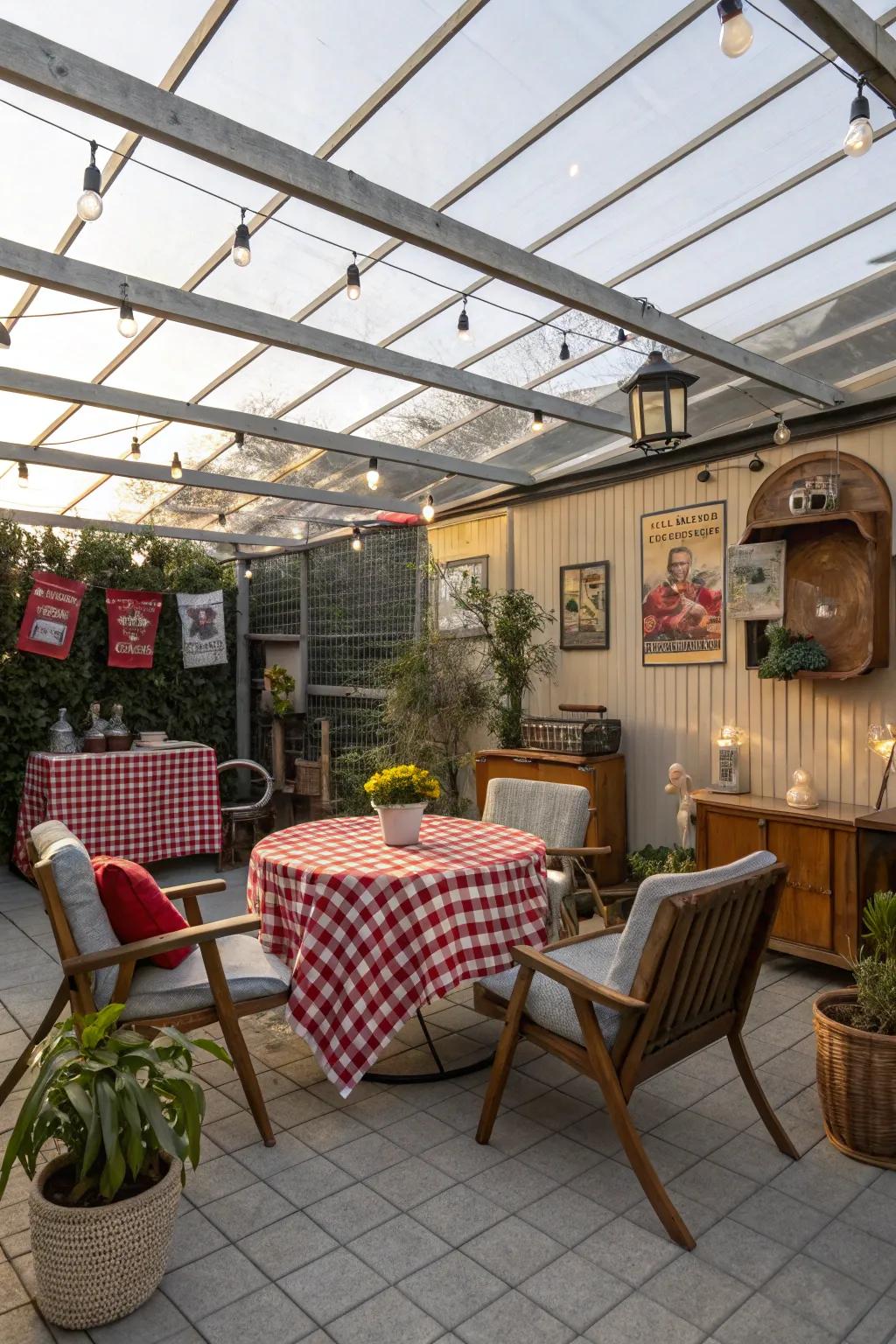 A vintage vibes patio with a clear roof and charming decor.