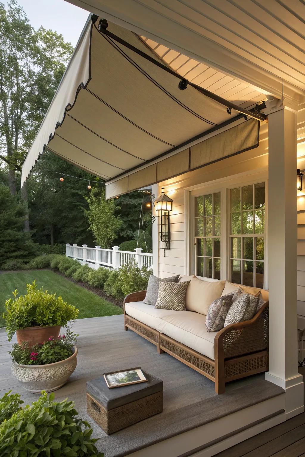 Fold-out awnings with seating create a cozy outdoor retreat.