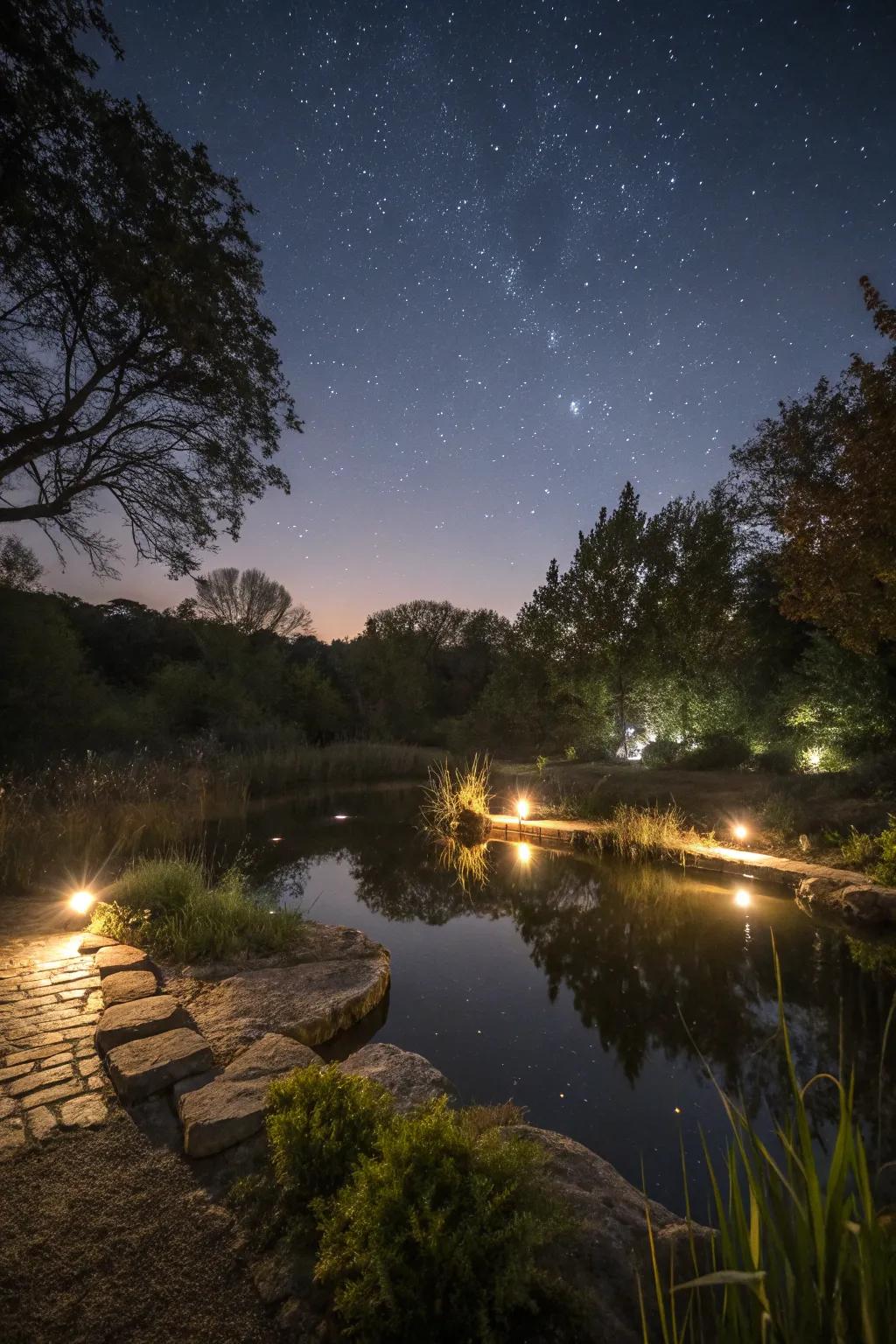 A recreational pond with underwater LED lights, creating a magical nighttime ambiance.