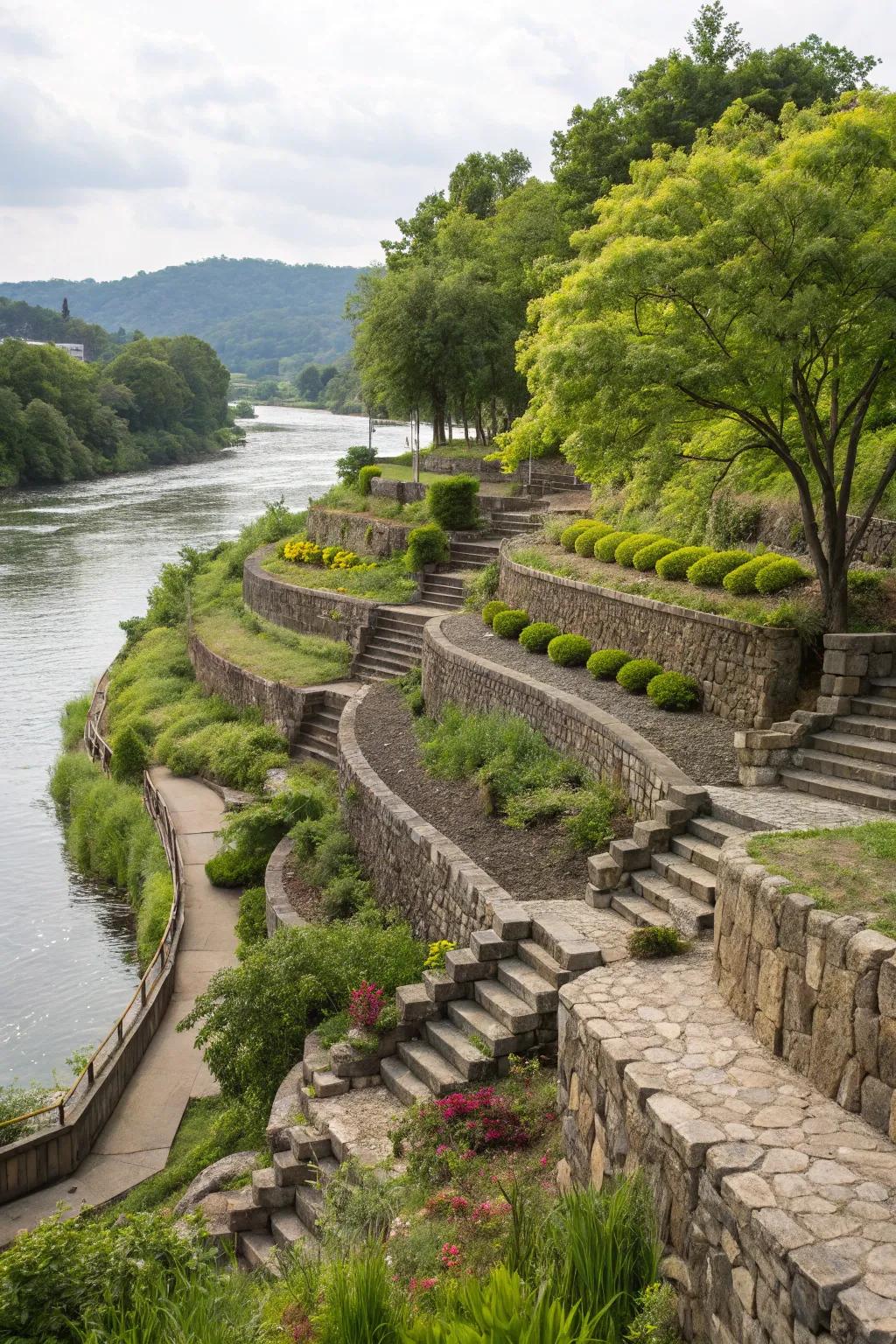 Terraced levels bring structure and beauty to the riverbank landscape.