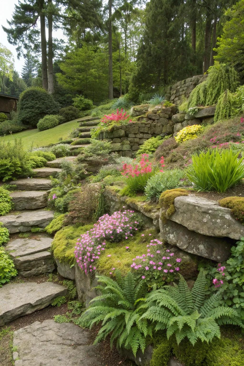 Layered rock beds adding depth to a garden layout.
