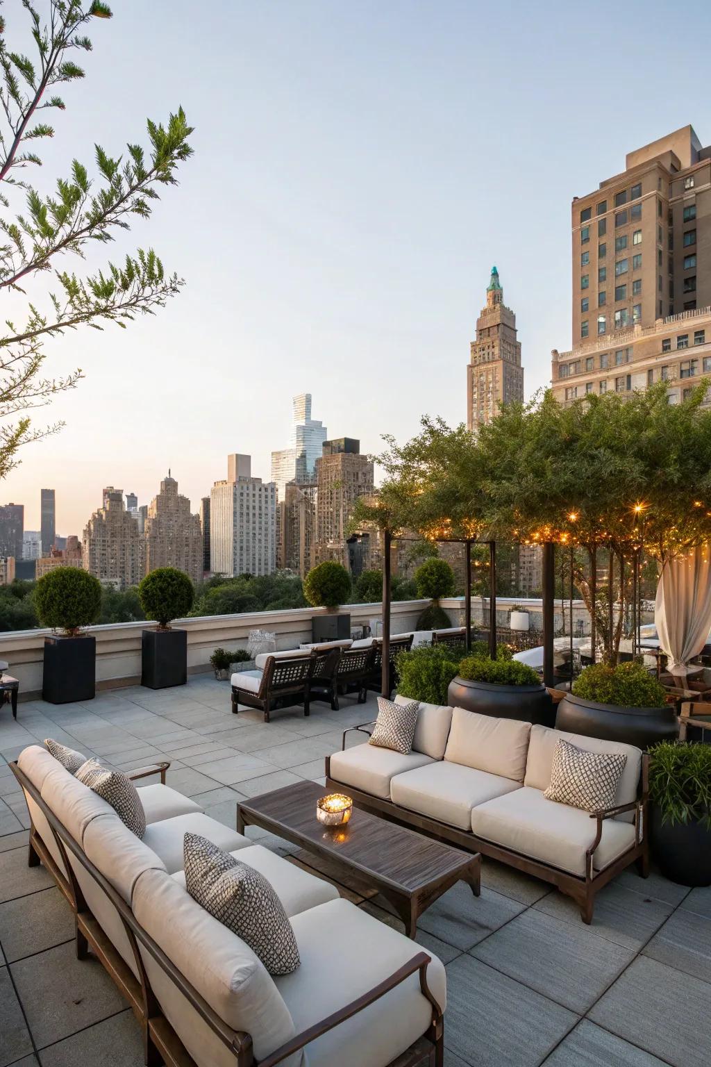 A rooftop oasis with cozy couches perfect for lounging under the sky.