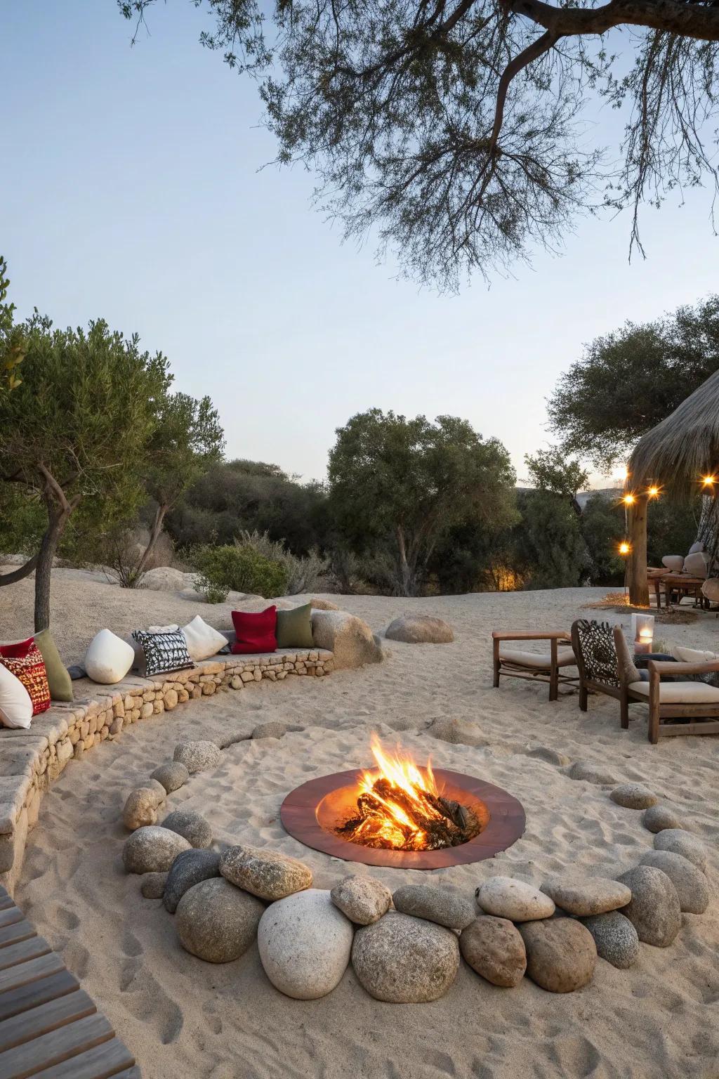 A fire pit surrounded by sand and stones creates a warm, inviting space.