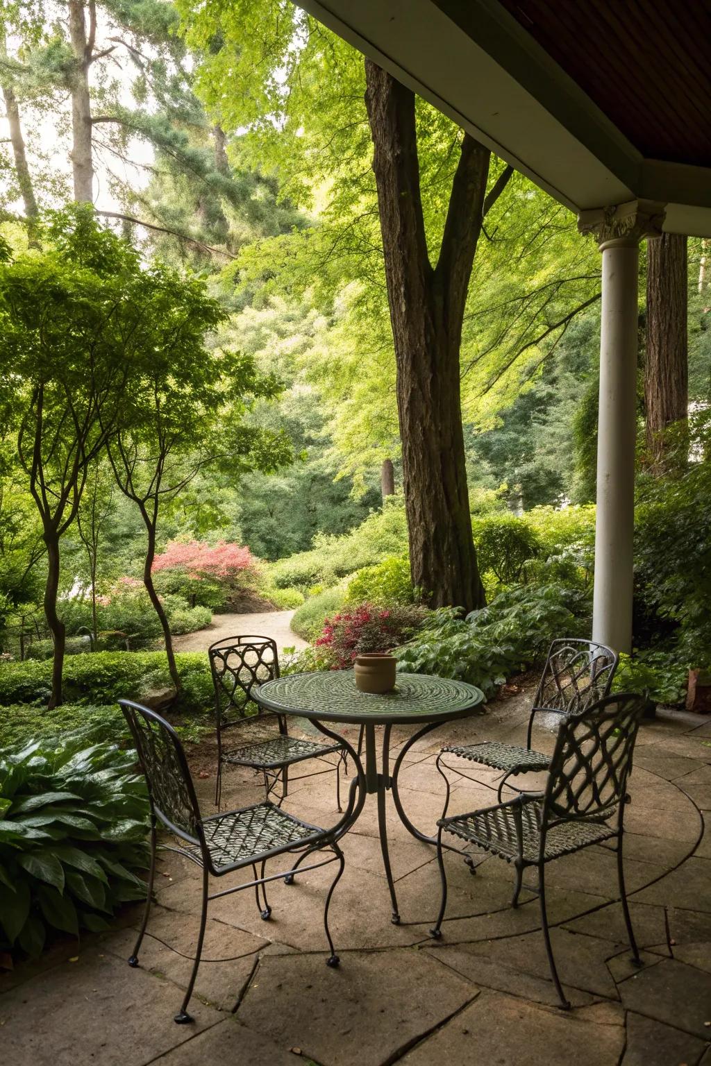 A seating area nestled in the shade makes for a perfect garden retreat.