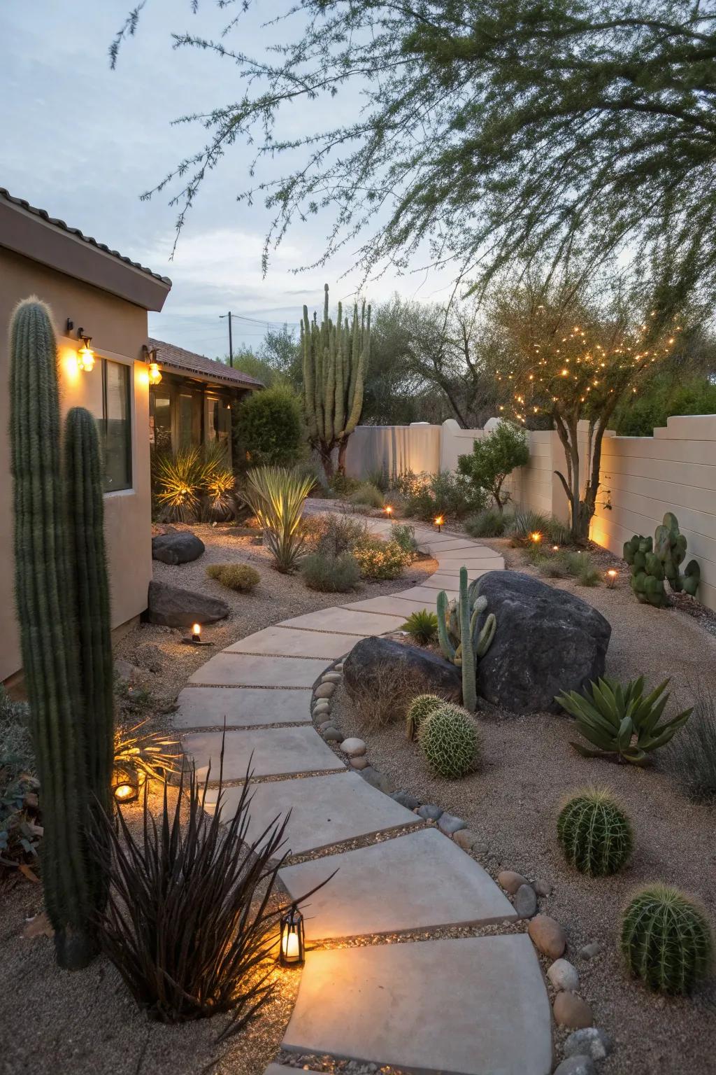 Lighting transforms a desert backyard into an enchanting evening oasis.