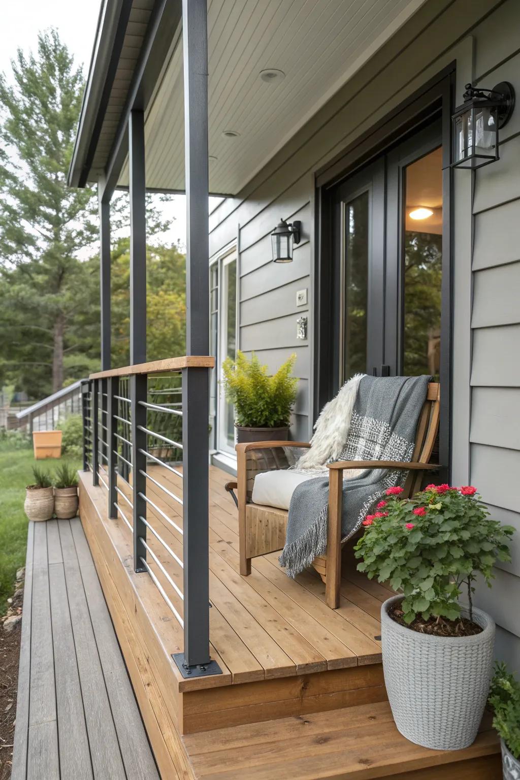 Eclectic textures enhancing a small porch.