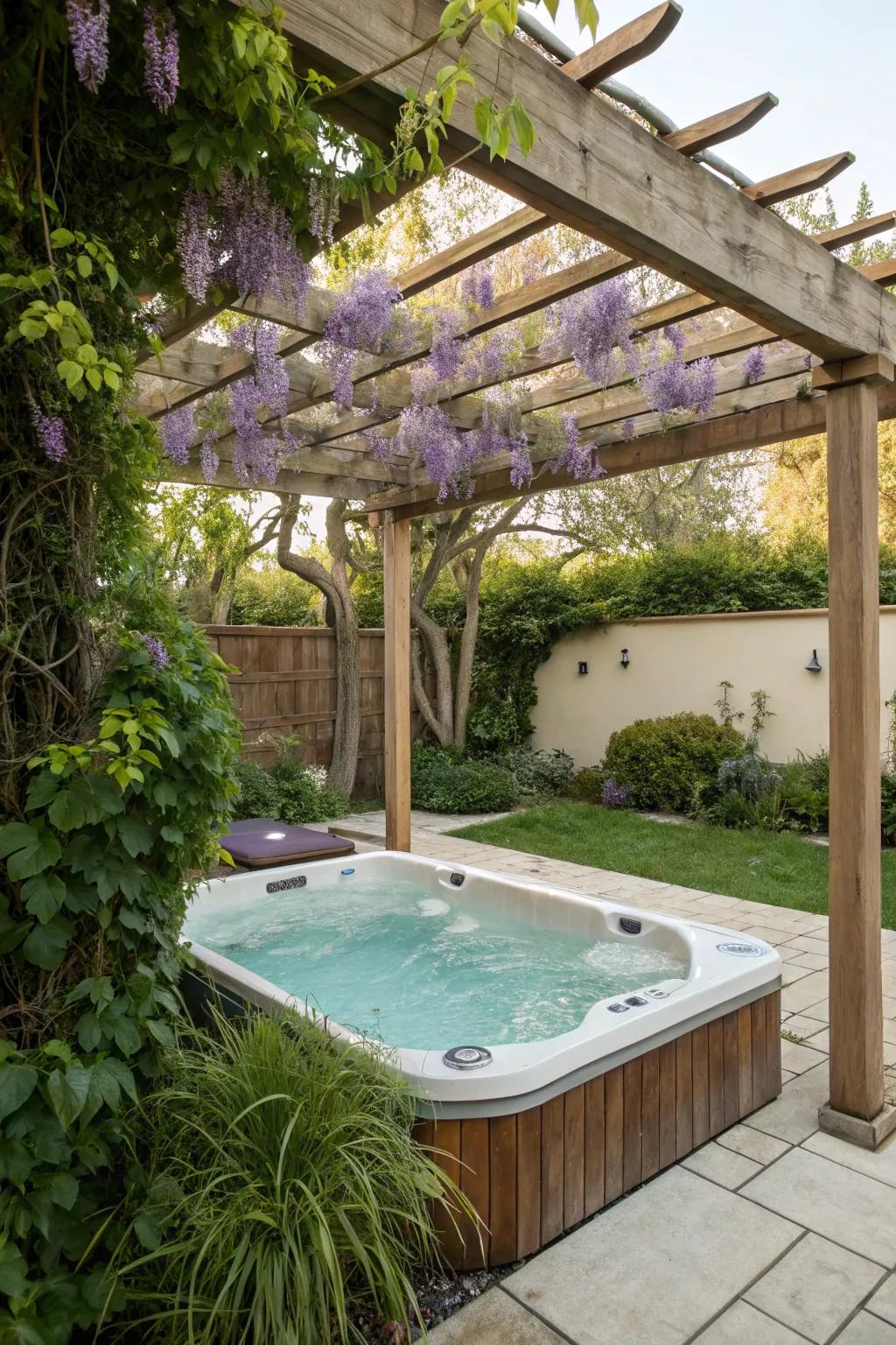 A pergola with climbing plants creates a cozy spa nook.
