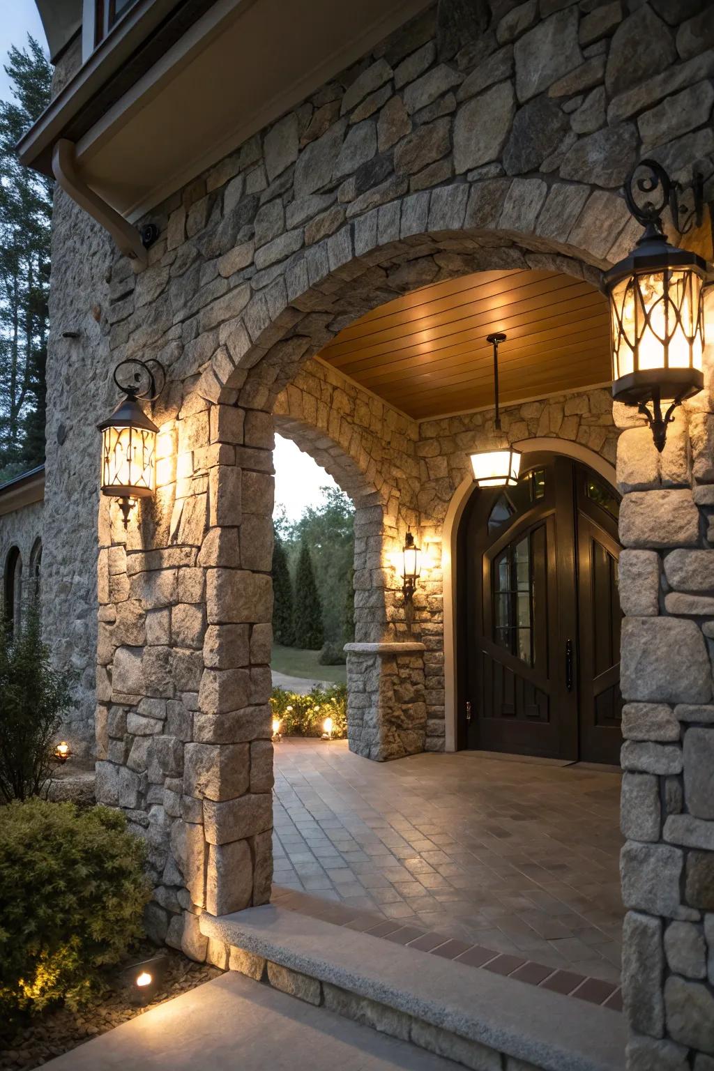 Lighting accents that bring your stone entryway to life.